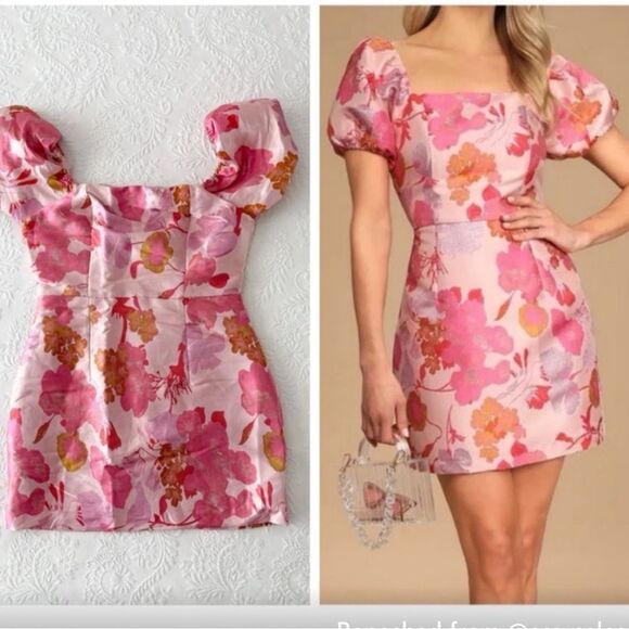 Lulus Dresses & Skirts - COPY - NWOT Lulus So Stunning Orange Multi Floral Jacquard Puff Sleeve Mini Dre…